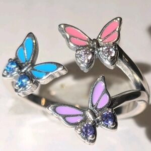 Women's S925 STERLING SILVER TRIPLE Colorful BUTTERFLIES OPEN ADJUSTABLE RING